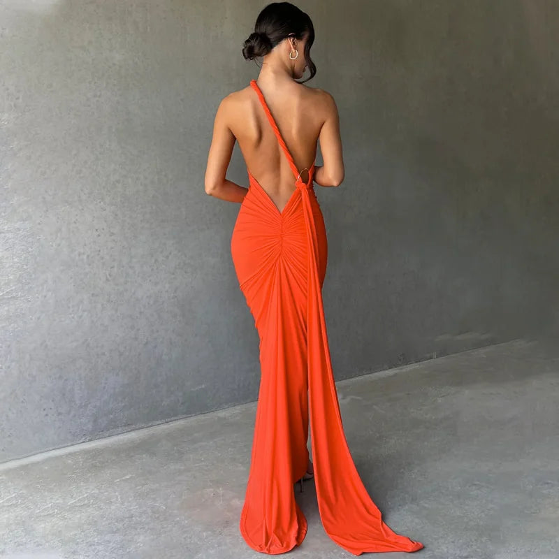 Oblique Shoulder Backless Maxi Dress For Women Gown Summer Back Strap Sleeveless Ruched Party Sexy Long Dress Vestidos