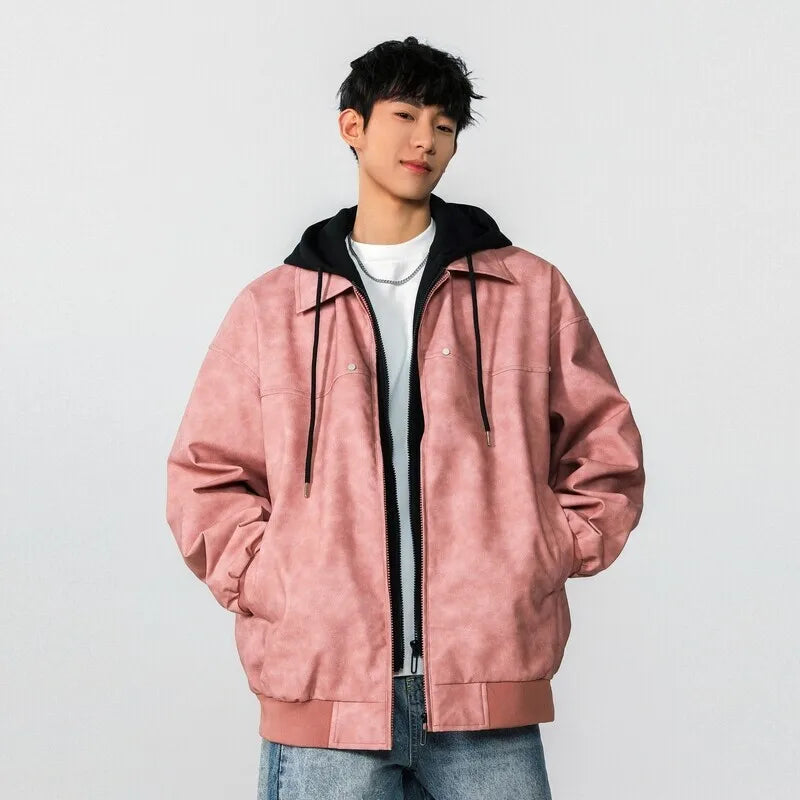 Men Jacket Spring New High Street Contrast Color Fake Two Pieces Hooded Drawstring Solid Color Jackets American Coat 9W1237