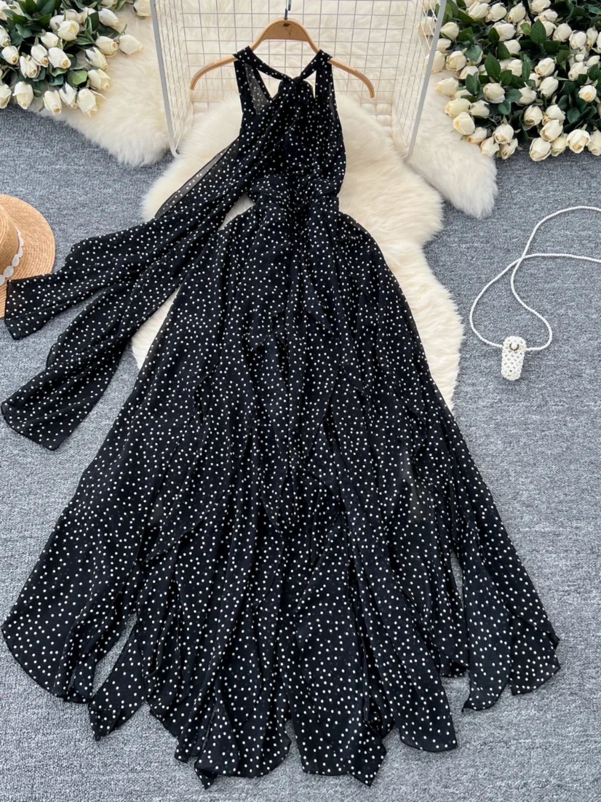 Black Dot Sexy Club V-neck Long Dress Women Slim Sleeveless Backless Irregular Vest Dresses 2024 Summer Ladies New Vestidos Chic