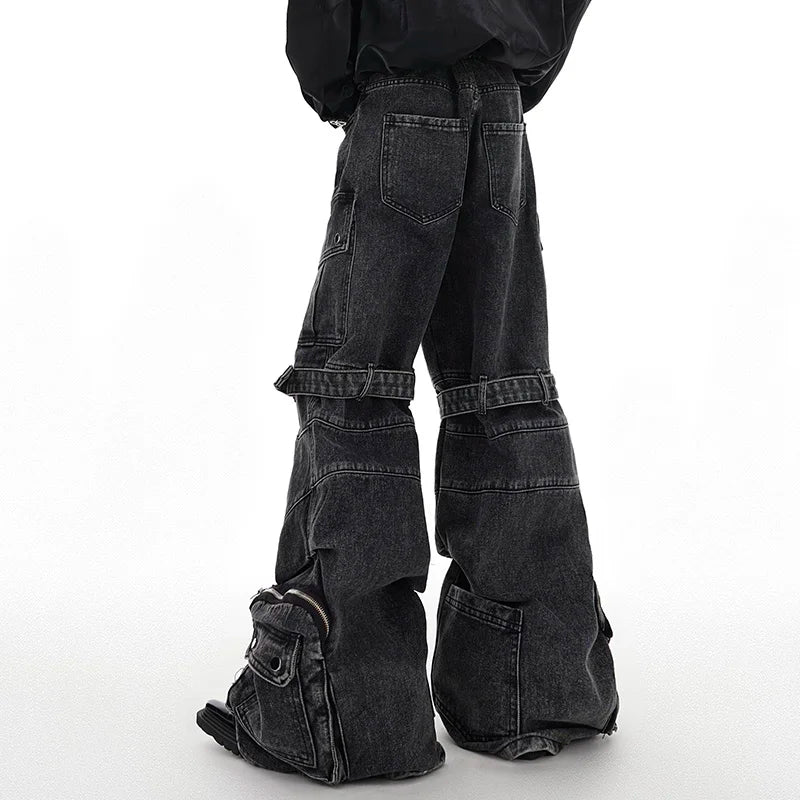 Multi-pocket Jeans Three-dimensional Lace-up Design Wide-leg Overalls Autumn Streetwear Black-grey Denim Pants 24X1350