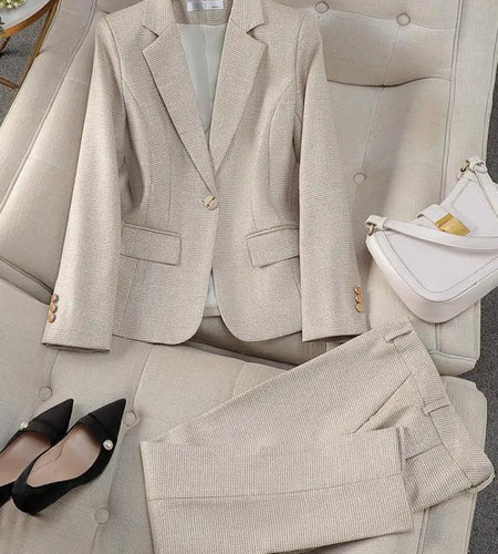 Spring Autumn Plaid Splice Slim Elegant Blazer Jacket And High Waist Pants Two Piece Set Women's Suit Office Business Outfit New