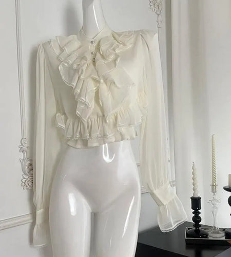 Vintage Women Beige Lace Ruffle Edge Tops Autumn Long Sleeve Elegant Short Shirts French Elegant Single Breasted Festival Blouse