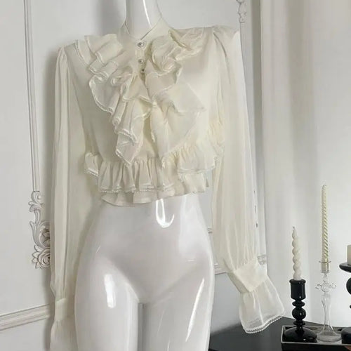 Load image into Gallery viewer, Vintage Women Beige Lace Ruffle Edge Tops Autumn Long Sleeve Elegant Short Shirts French Elegant Single Breasted Festival Blouse
