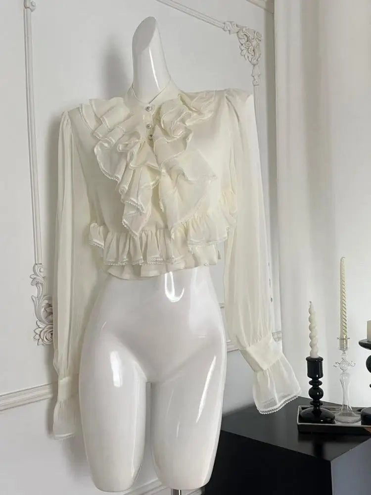 Vintage Women Beige Lace Ruffle Edge Tops Autumn Long Sleeve Elegant Short Shirts French Elegant Single Breasted Festival Blouse