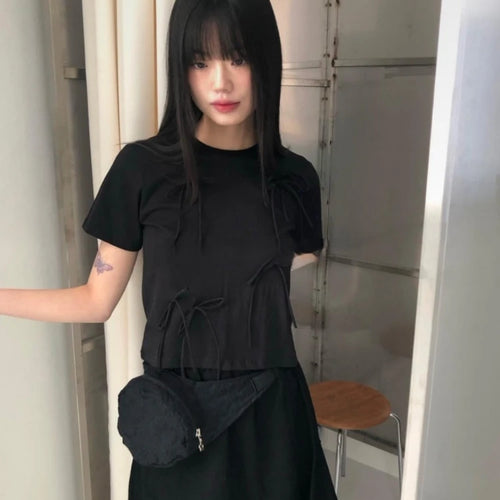 Load image into Gallery viewer, Y2k Aesthetic Vintage Summer Bow Tees  Women Harajuku Grunge Bottoming Crop Top 2025 Slim Streetwear Solid Sweet Cute Tshirts
