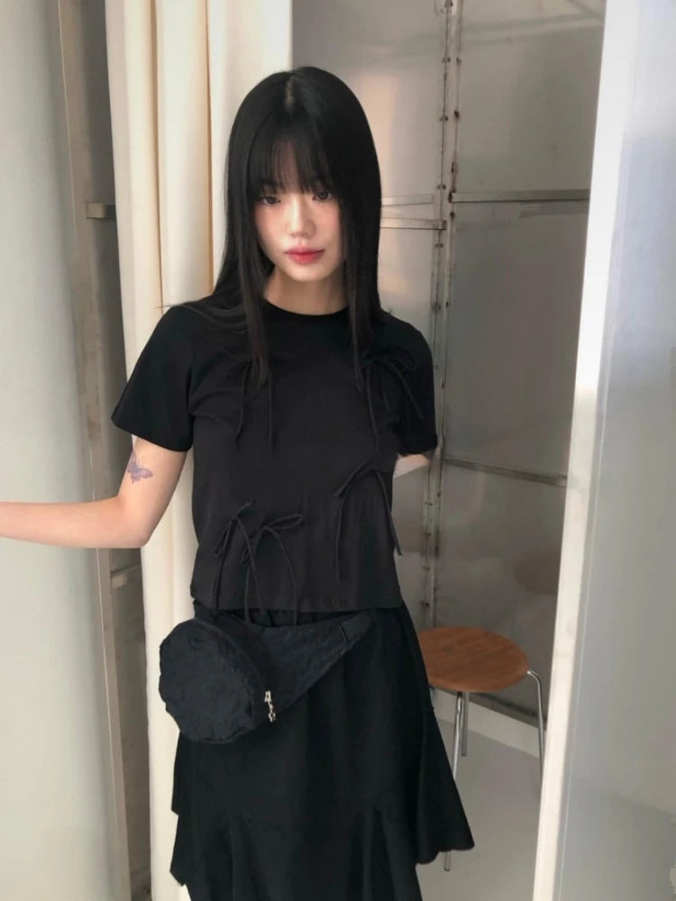 Y2k Aesthetic Vintage Summer Bow Tees  Women Harajuku Grunge Bottoming Crop Top 2025 Slim Streetwear Solid Sweet Cute Tshirts