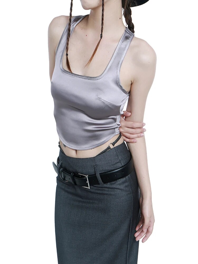 High Street Solid Crop Top For Women Square Collar Sleeveless Backless Vintage Slim Vests Female Summer Style