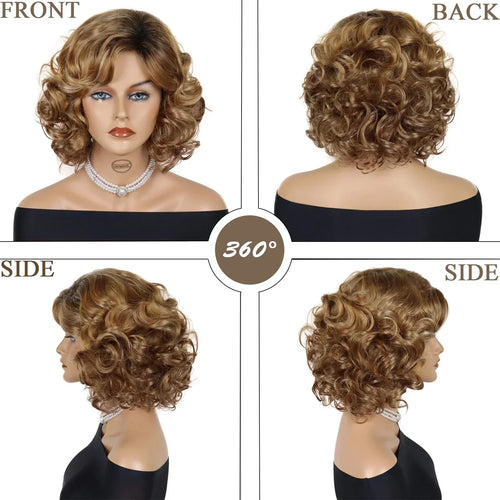 Load image into Gallery viewer, Mommy Wigs Short Synthetc Hair Brown Curly Wig with Side Bangs Dark Roots Ombre Wig Natural Hairstyles Older Lady Hairs
