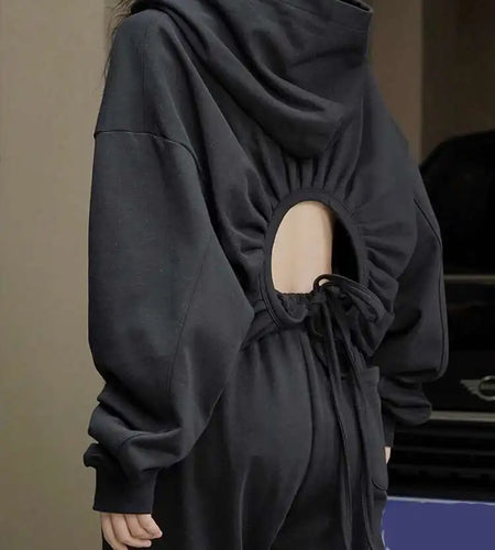 Backless Drawstring White Casual Sweatshirt New Hooded Long Sleeve Women Big Size Fashion Tide Spring Autumn 2025 1DH4973