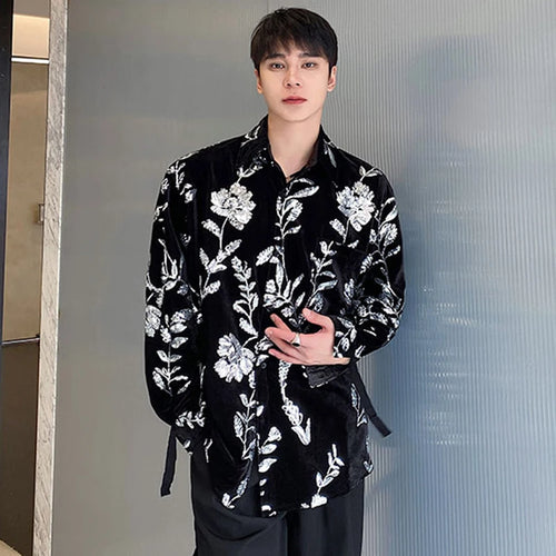 Load image into Gallery viewer, Personality Velvet Male Shirts Lace-up Sequin Embroidery Turn-down Collar Contrast Color Men&#39;s Long Sleeve Tops Tide 9C4984
