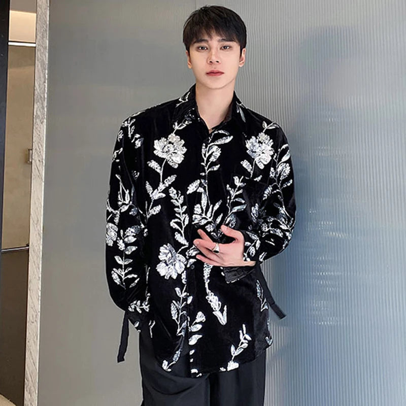 Personality Velvet Male Shirts Lace-up Sequin Embroidery Turn-down Collar Contrast Color Men's Long Sleeve Tops Tide 9C4984