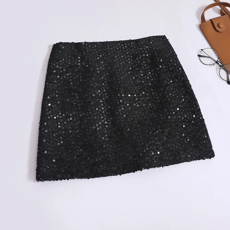 Summer Women Fashion Pink Sequin Temperament Wrapped Hip Short Skirt 2024 New Vintage Blakc Beige High Waist A Line Mini Skirts
