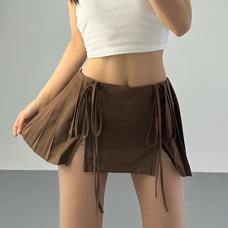 Summer High Waist Skirts Womens Sexy Mini Skirts Vintage Bandage Pleated Skirt Korean Tennis Skirts Short khaki White Black 2023