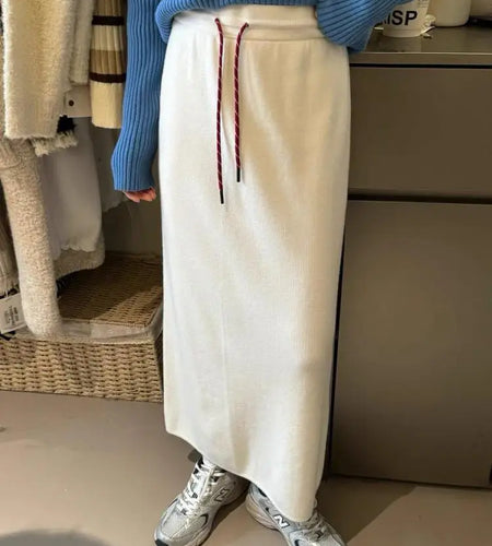 Korean Solid Drawstring Lace-up Elegant High Waist Long Skirt Women Versatile Split Skirt Streetwear 2024 Fashion Autumn Winter