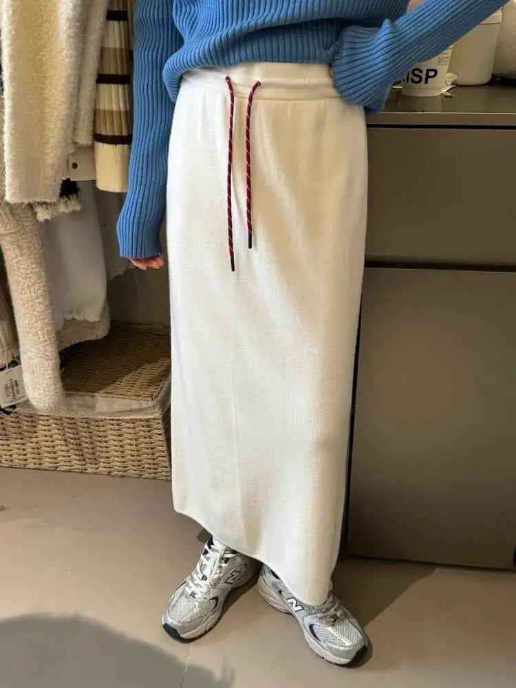 Korean Solid Drawstring Lace-up Elegant High Waist Long Skirt Women Versatile Split Skirt Streetwear 2024 Fashion Autumn Winter