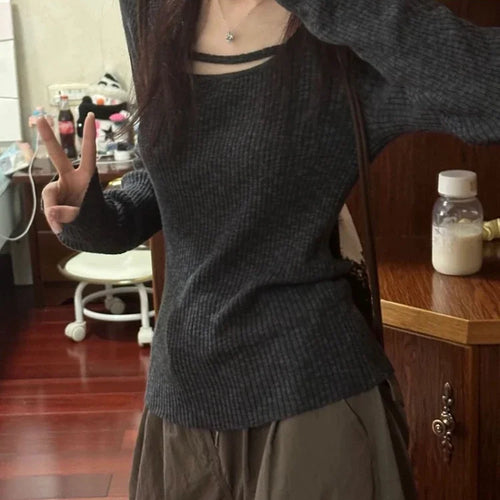 Load image into Gallery viewer, Sexy Hollow Solid Sweater Women Y2k Aesthetic Slim Fit Knitted Harajuku Jumper All Match Korean Sexy Pullover Female Knitwear

