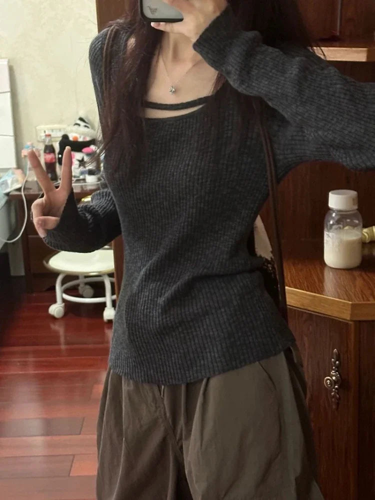 Sexy Hollow Solid Sweater Women Y2k Aesthetic Slim Fit Knitted Harajuku Jumper All Match Korean Sexy Pullover Female Knitwear