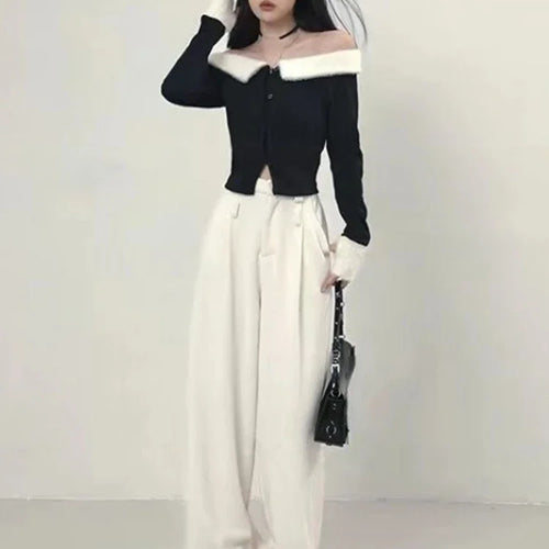Load image into Gallery viewer, Sexy Off Shoulder Fluffy Patchwork Slash Neck Cardigan T-shirt Women Contast Color Korean Fashion Slim Cardigans Fairy Cropped
