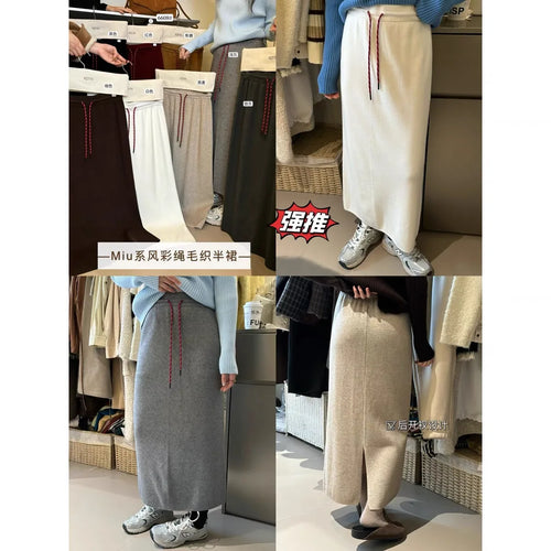 Load image into Gallery viewer, Korean Solid Drawstring Lace-up Elegant High Waist Long Skirt Women Versatile Split Skirt Streetwear 2024 Fashion Autumn Winter
