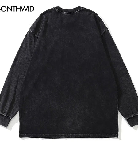 Vintage Oversize Tee Shirts Hip Hop Funny Mona Lisa Print Washed T-Shirt Streetwear Men Harajuku Cotton Loose Long Sleeve Tshirt