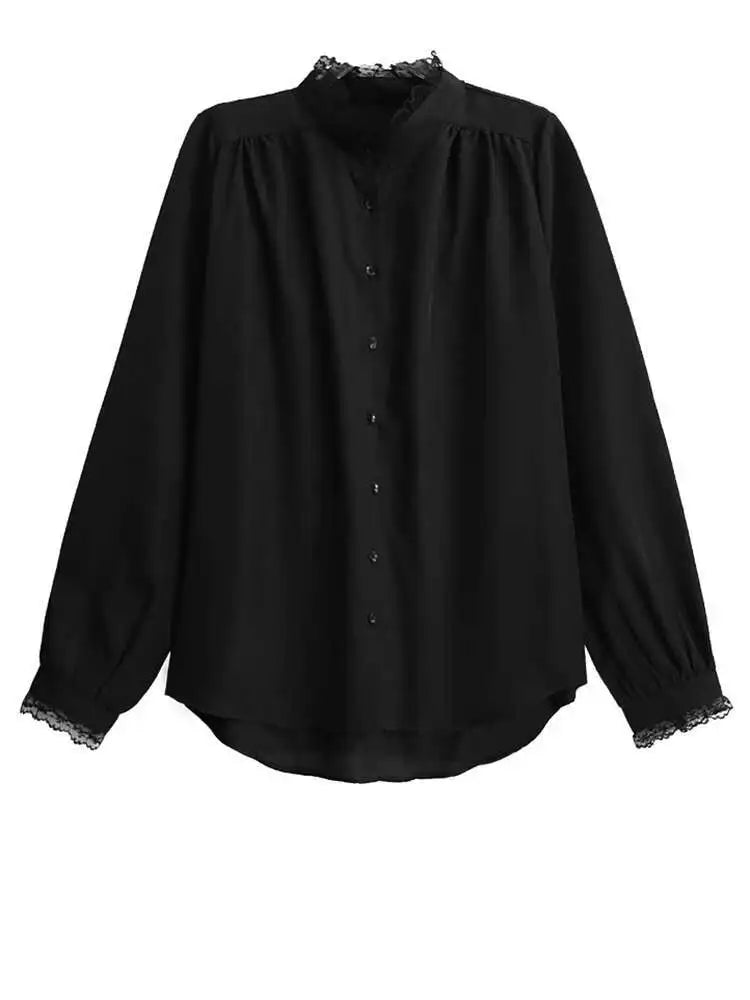 Women White Lace Big Size Elegant Blouse New Stand Collar Long Sleeve Shirt Fashion Tide Spring Autumn 2025 1DH9942