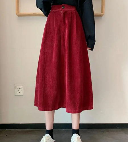 Vintage Red Slim Festival Party Corduroy Skirt Women Autumn Winter Black High Waist A-line Pleated Long Skirt Brown Simple Trend