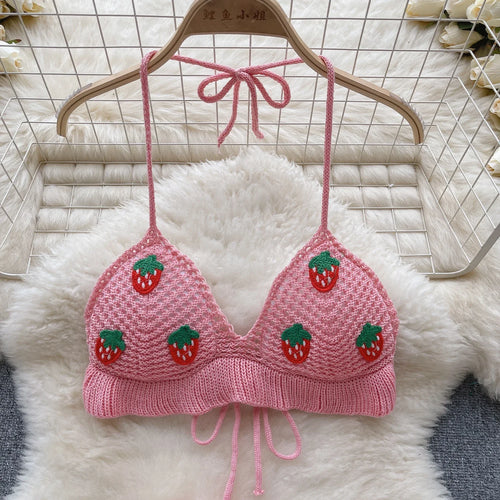 Load image into Gallery viewer, Strawberry Sweet Beach Two Pieces Sets Halter Backless Camis+Short Skirts Fashion Hook Flower Hollow Out Beach Suits
