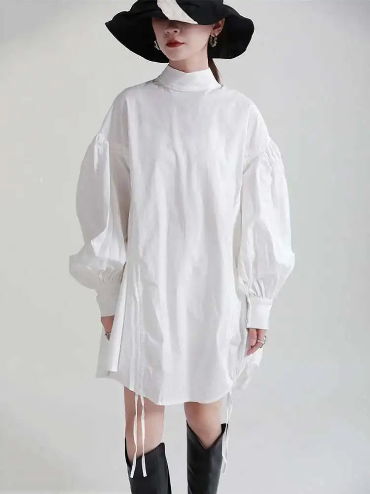 Women Balck Irregular Drawstring Big Size Dress New Stand Collar Long Sleeve Loose Fit Fashion Spring Autumn 2025 1Z18901