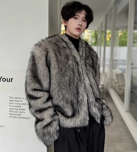 Solid Color Men's Faux Fur Jackets V-neck 2024 Autumn Trend Fashionable Male Thickened Simple Winter Menswear Korean 9C8799