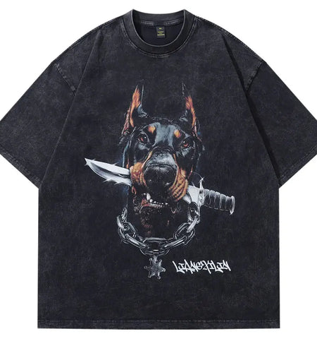 Vintage Oversized T-Shirts Streetwear Cartoon Doberman Dog knife Graphic Printed Black Tshirt Hip Hop Harajuku Punk Gothic Tops