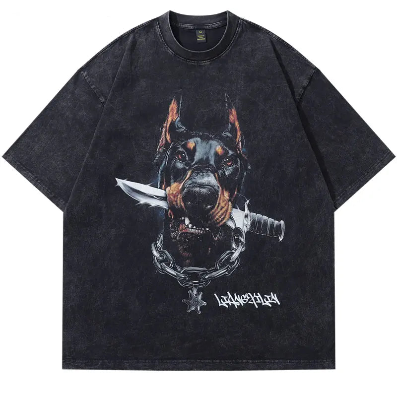 Vintage Oversized T-Shirts Streetwear Cartoon Doberman Dog knife Graphic Printed Black Tshirt Hip Hop Harajuku Punk Gothic Tops
