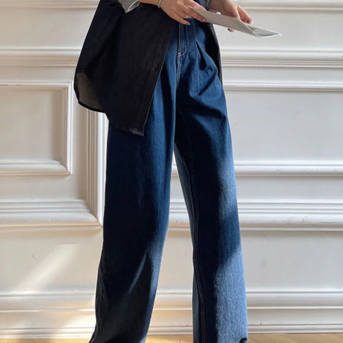 Load image into Gallery viewer, Blue Trousers For Women High Waist Patchwork Pocket Casual Loose Spliced Zipper Temperament Wide Leg Pants Female
