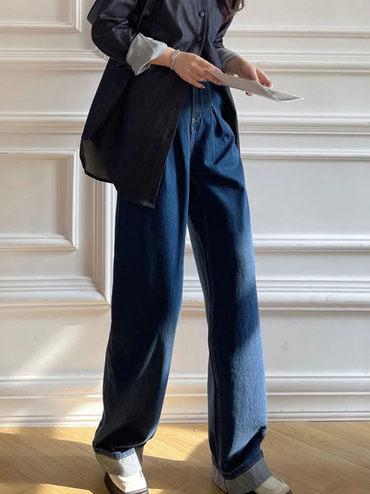 Blue Trousers For Women High Waist Patchwork Pocket Casual Loose Spliced Zipper Temperament Wide Leg Pants Female