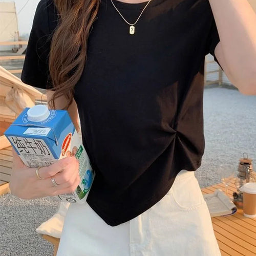 Load image into Gallery viewer, Y2K Irregular T-shirt Women Summer Skinny T Shirt Femme Solid Short Sleeve Korean Kpop Slim O-Neck Tshirt Woman Clothes Top
