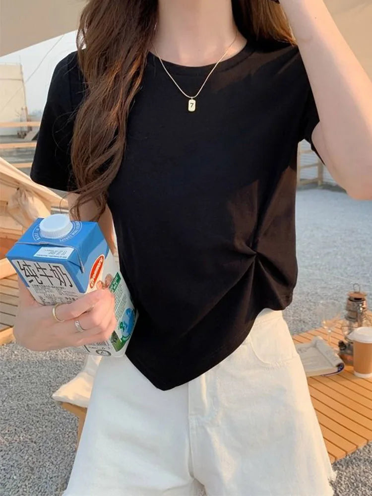 Y2K Irregular T-shirt Women Summer Skinny T Shirt Femme Solid Short Sleeve Korean Kpop Slim O-Neck Tshirt Woman Clothes Top