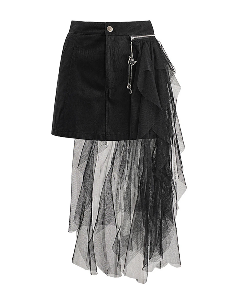 Solid Spliced Mesh Chic Skirts For Women High Waist Temperament Patchwork Zipper Slimming Skirt Female Fashion New