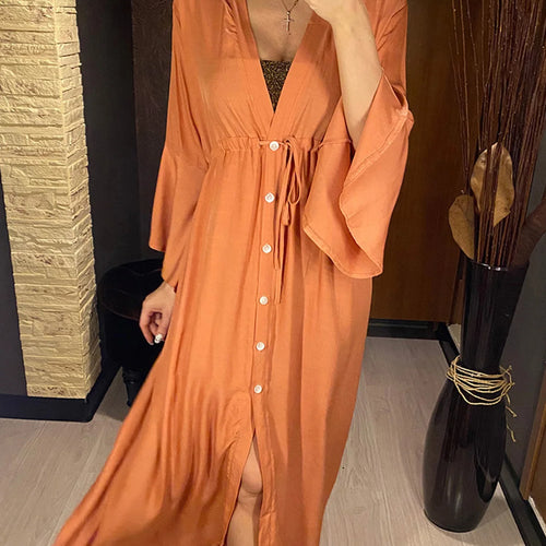 Load image into Gallery viewer, Sexy Beach Long Maxi Dress Women Beach Cover Up Tunic Pareo White V Neck Dress Robe Swimwear Cover Up Bikini Beachwear V2623
