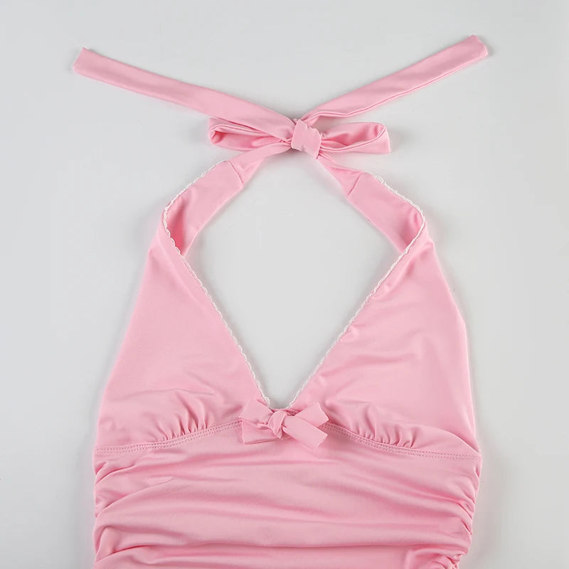 Pink Sweety Slimming Backless Halter Camis Women Summer Holiday With Bow Folds Tops Y2K Aesthetics Sexy Clothes Chic
