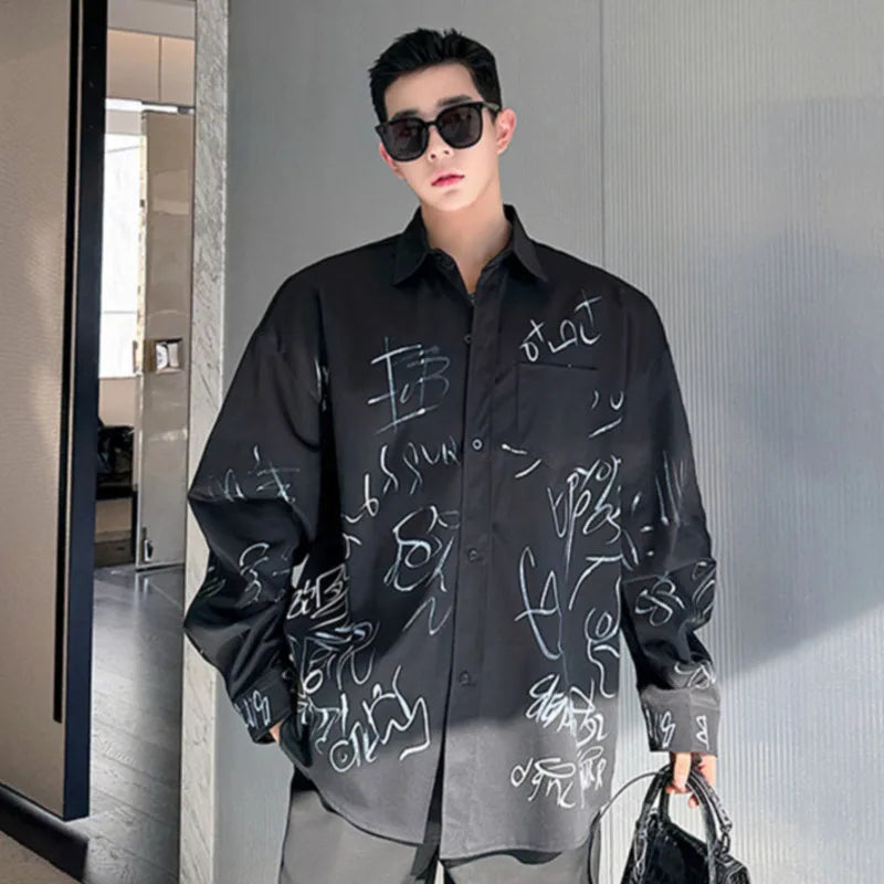 Graffiti Design Men's Shirt Korean Style Male Long Sleeve Turn-down Collar Casual Tops 2024 Autumn New Trendy Shirts 9C5105