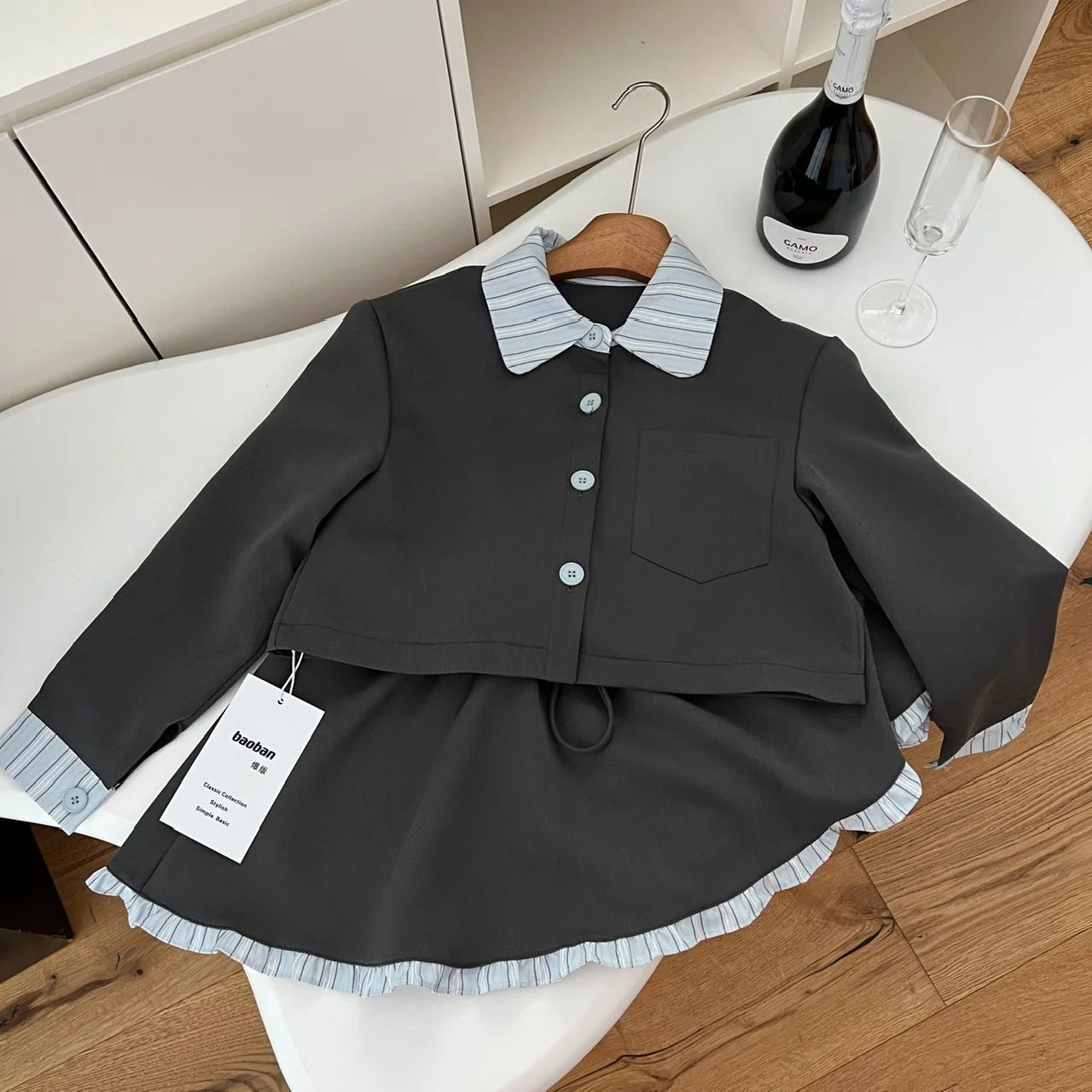 Vintage Women Autumn Gray Blue Striped Long Sleeved Single Breasted Top And High Waist Ruffles Pleated Short Skirt Two-piece Set