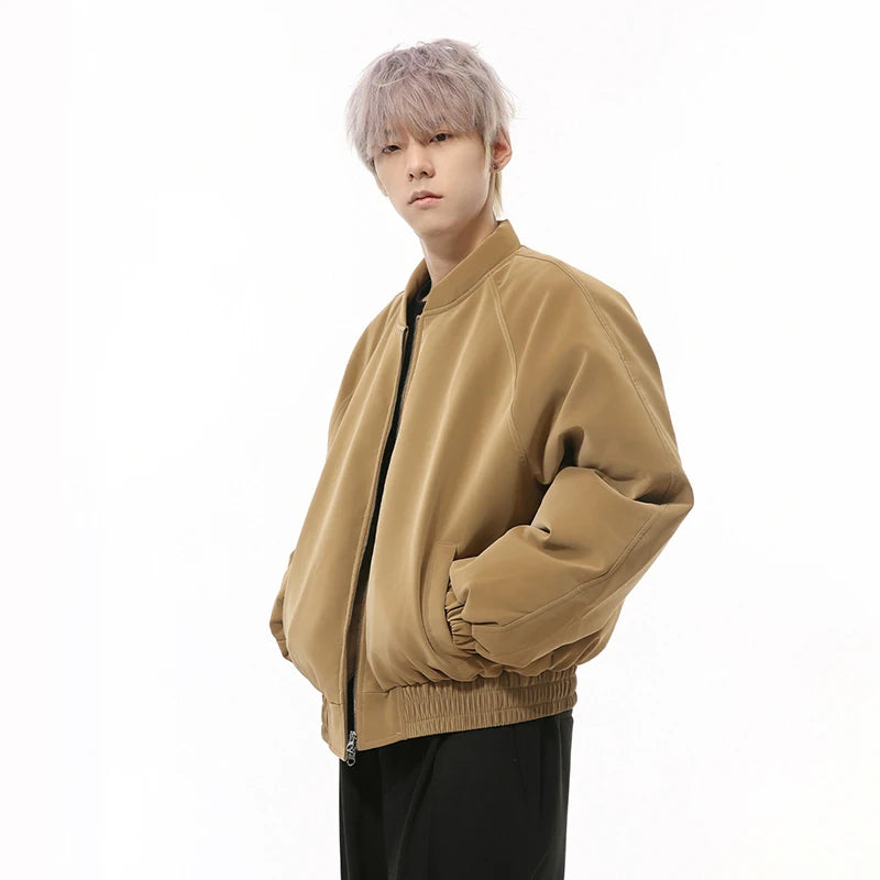 PU Leather Men's Padded Jackets Warm Round Collar Solid Color Loose Coats New Trendy Korean Short Cotton Tops Simple 9C9342