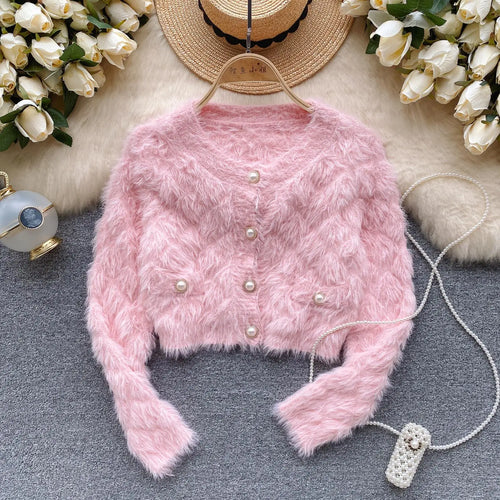 Load image into Gallery viewer, Female Women Fall Winter Solid Plush Mink Knitted Cardigan Sweater V-neck Long Sleeves Loose Single Breasted Jacket French Retro
