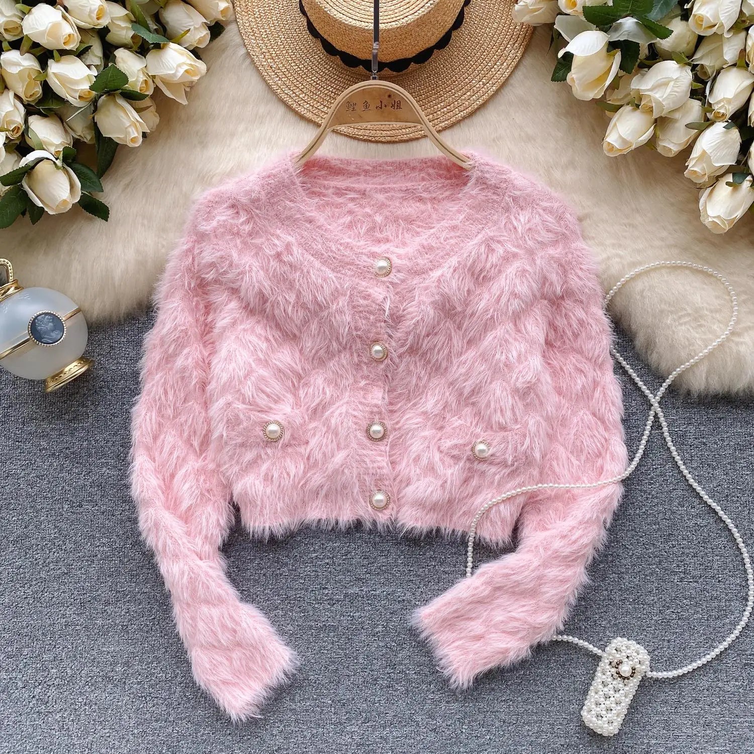 Female Women Fall Winter Solid Plush Mink Knitted Cardigan Sweater V-neck Long Sleeves Loose Single Breasted Jacket French Retro