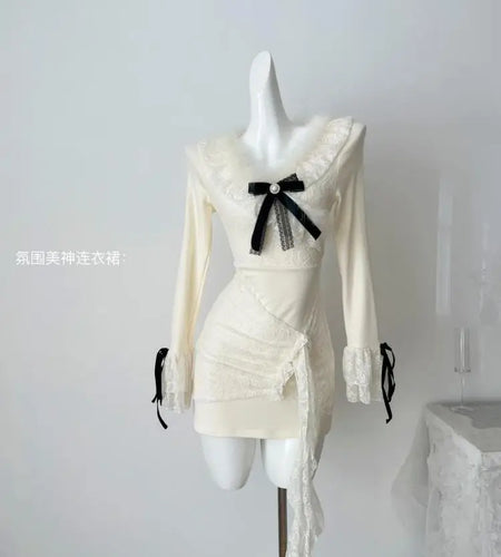 Autumn Vintage Beige Patchwork Lace V Neck Elegant Bow Short Dresses Women Long Sleeves Festival Ruffle Edge Party Dress Fashion