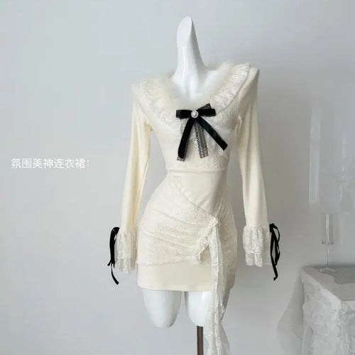 Load image into Gallery viewer, Autumn Vintage Beige Patchwork Lace V Neck Elegant Bow Short Dresses Women Long Sleeves Festival Ruffle Edge Party Dress Fashion
