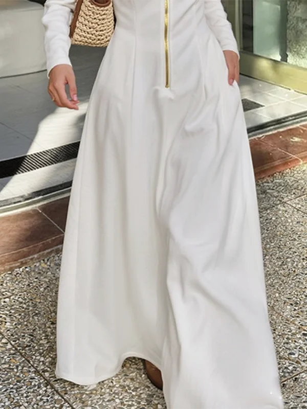 Female Autumn Elegant Ziper Long Sleeve Maxi Dresses 2025 Spring Trendy Slim Waist Woman A-line White Dress Clothes