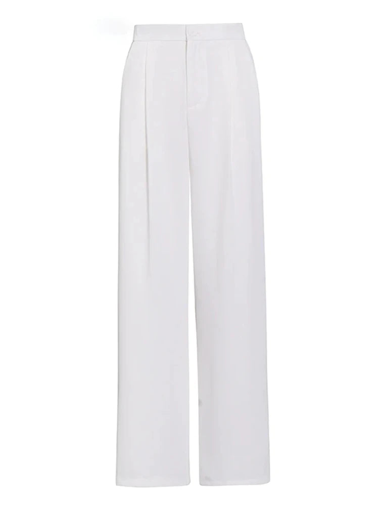 Solid Spliced Folds Minimalist Casual Wide Leg Pants For Women High Waist Patchwork Button Trouser Female Fashion