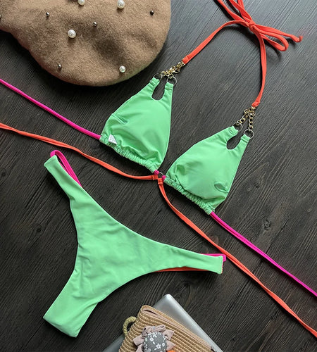 Metallic Chain Bikini 2023 Sexy Push Up Swimwear Women Brazilian Swimsuit Thong Biquini Two Piece Bathing Suit