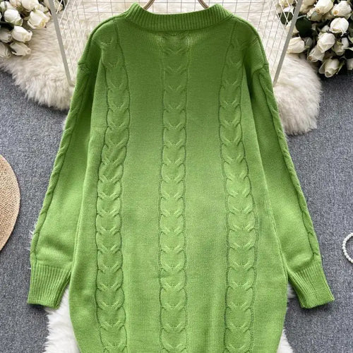 Load image into Gallery viewer, Retro Women Solid Round Neck Medium Length Sweater Autumn Winter Long Sleeve Loose Knitted Pullover Tops Casual Trend Simplicity
