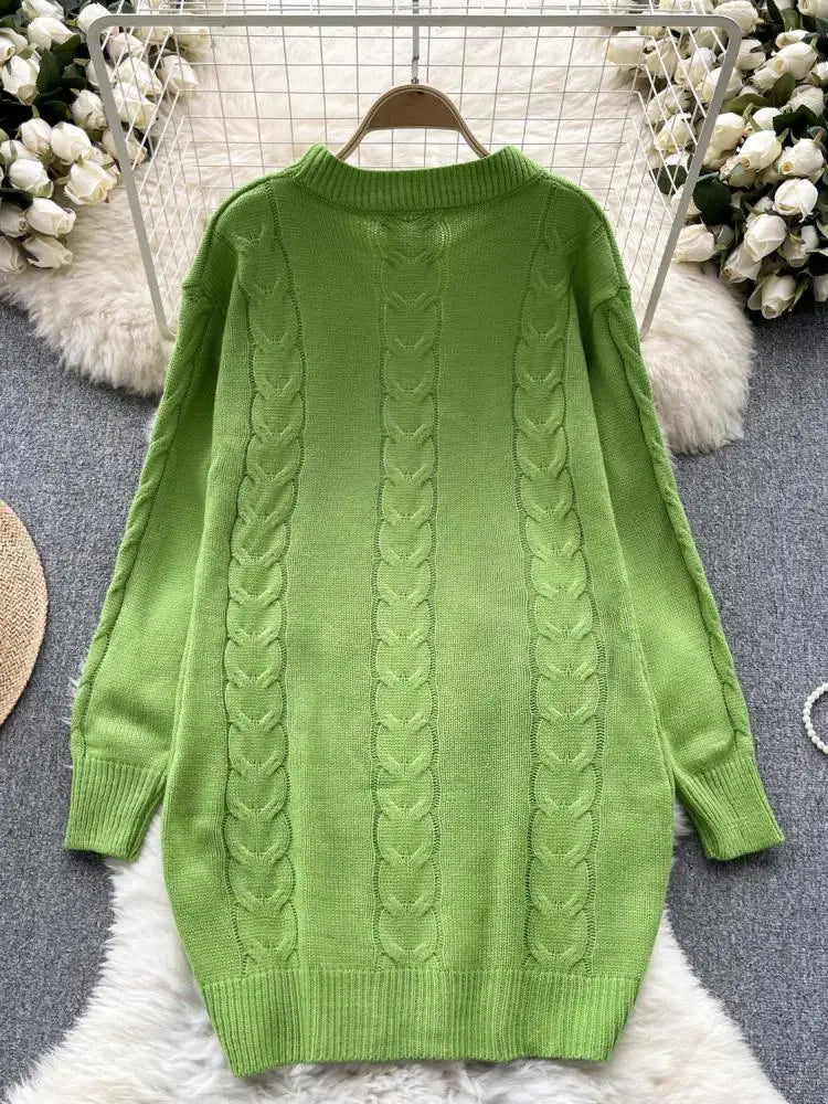 Retro Women Solid Round Neck Medium Length Sweater Autumn Winter Long Sleeve Loose Knitted Pullover Tops Casual Trend Simplicity